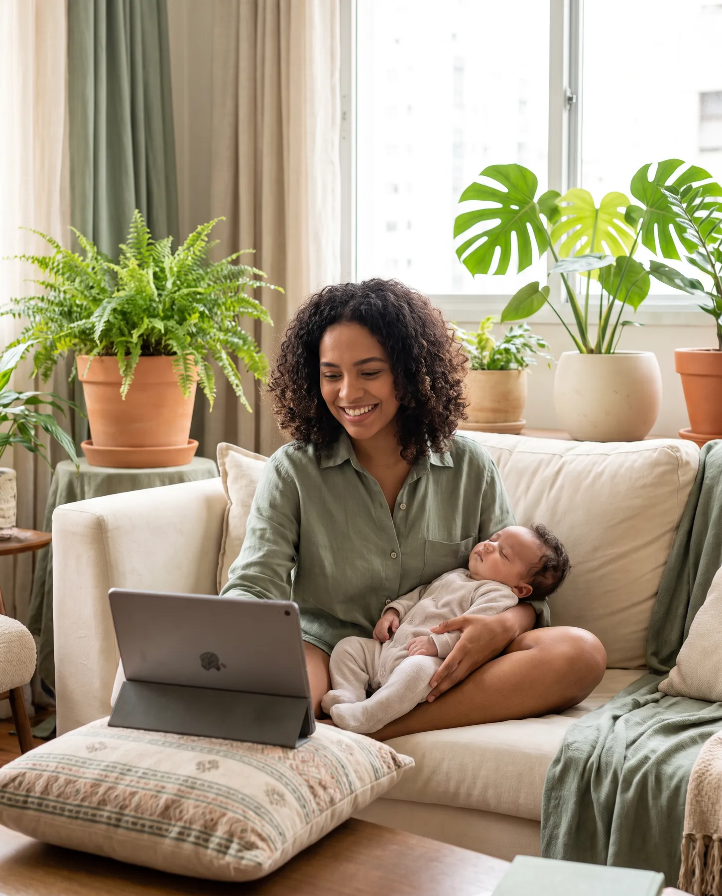 Mãe com bebê no colo em casa
