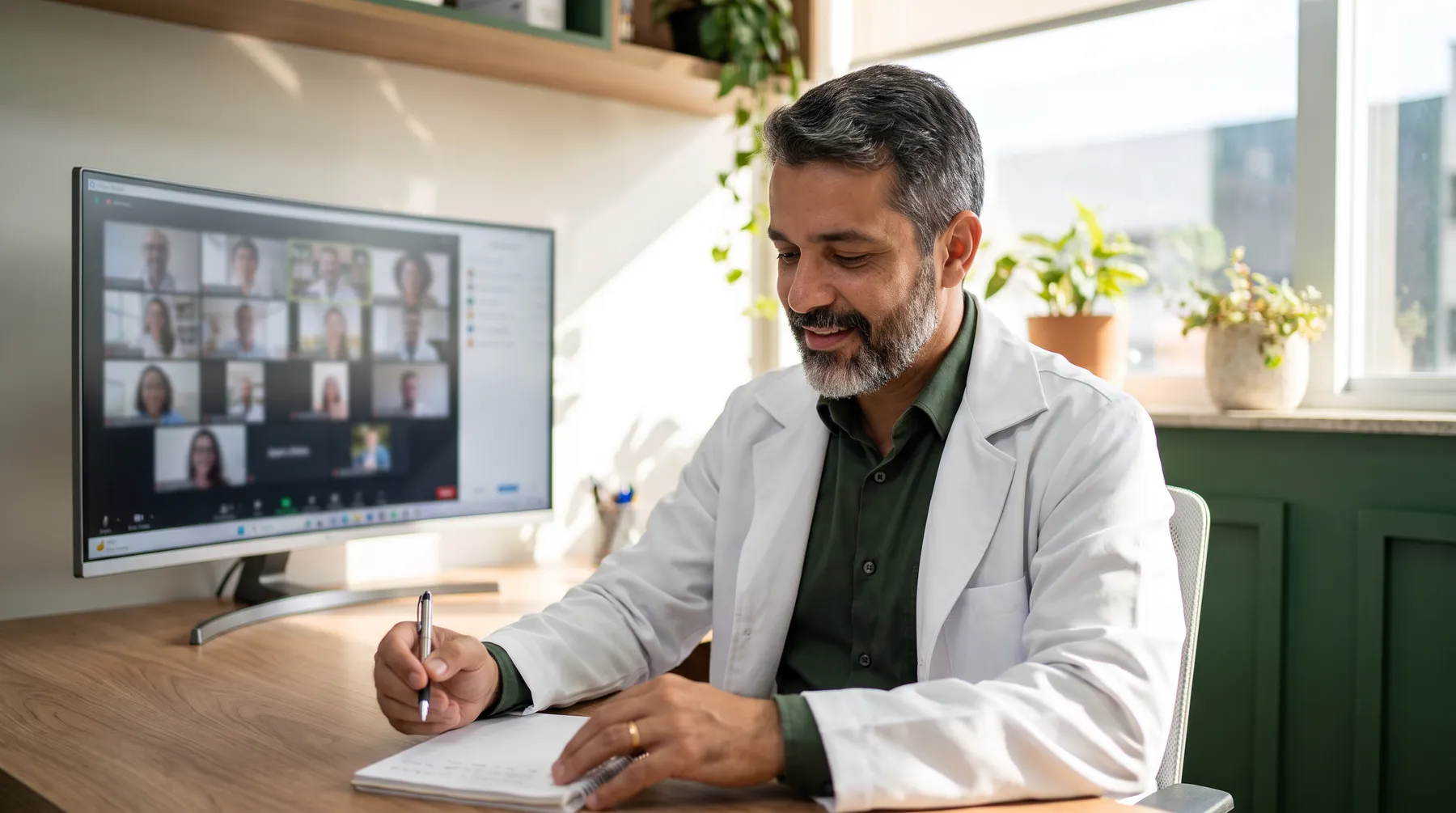 Médico realizando entrevista por vídeo com beneficiário